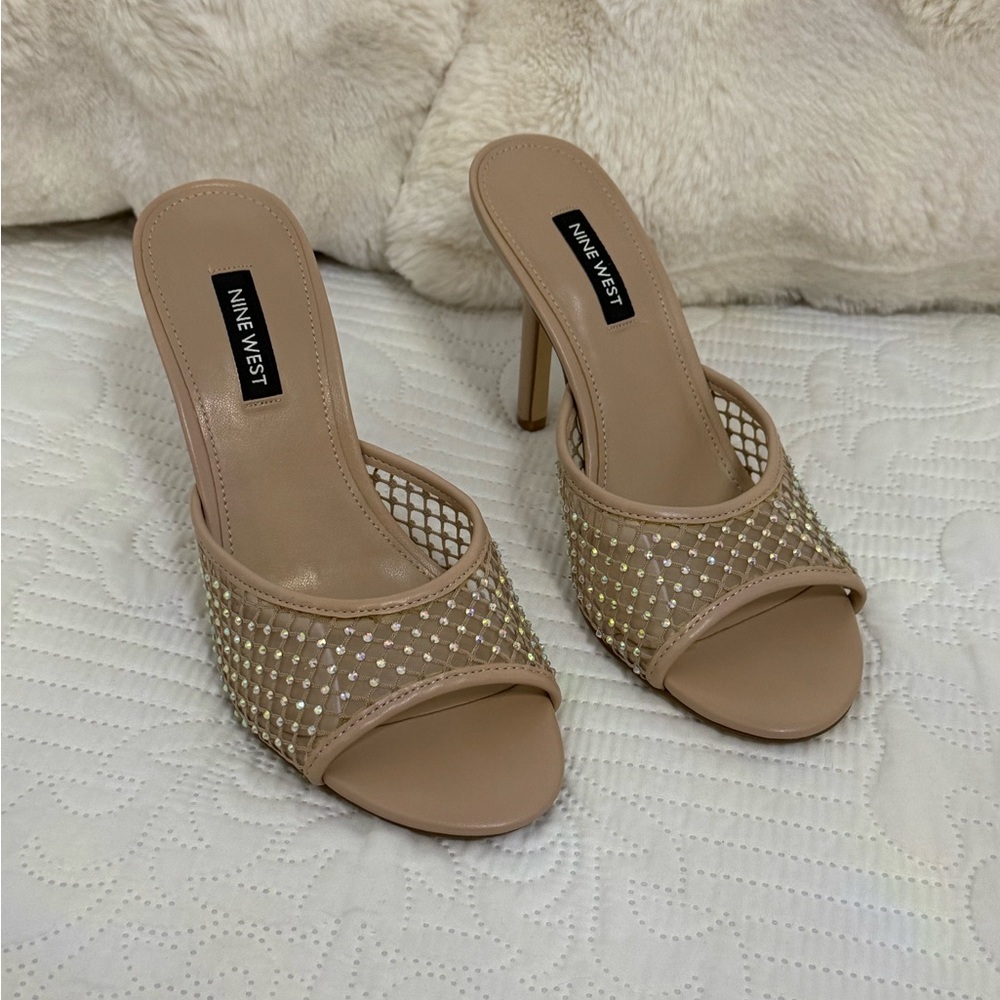 Nine West Beige Mesh Rhinestones Open-Toe Heels